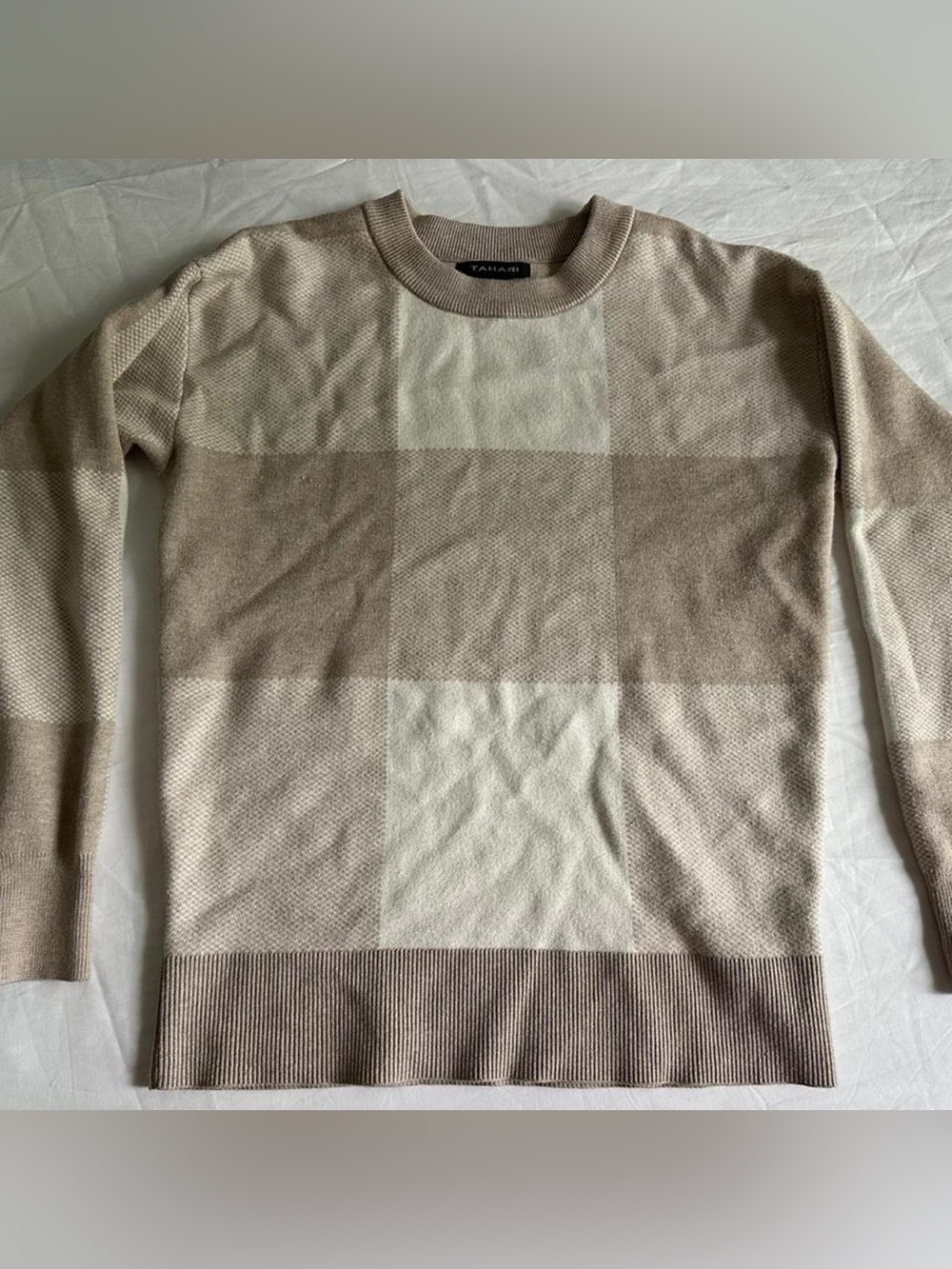 Tahari Men's Beige & Cream Checker Crewneck Sweater